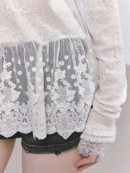 "日暮巴塞尔" Lace Hollow Semi-Turtleneck Slim Fit Long Sleeve Top