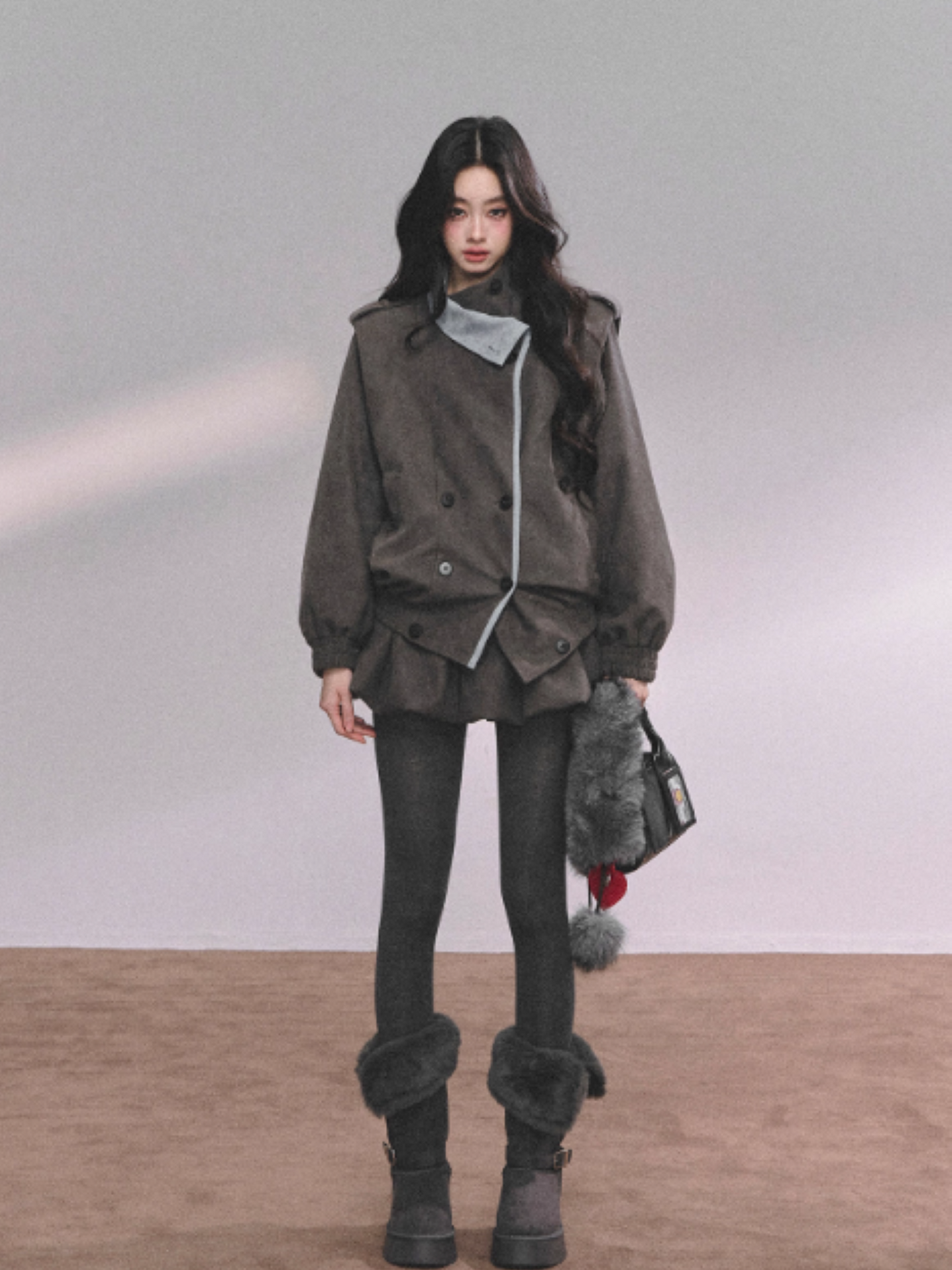 少也眼 Elegant French-Inspired Grey Jacket and Skirt Set