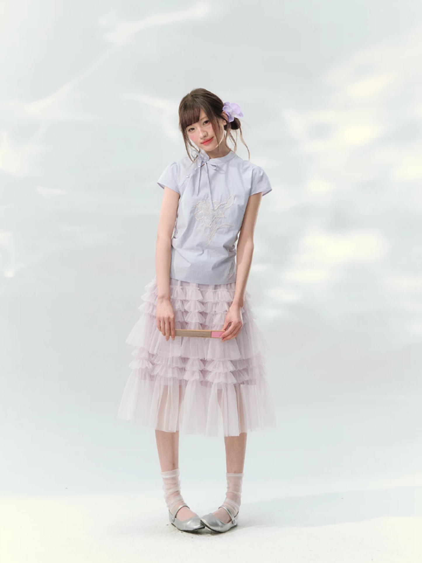 “Lilac Embroidered Whisper” Orchid Purple Mandarin Collar Blouse