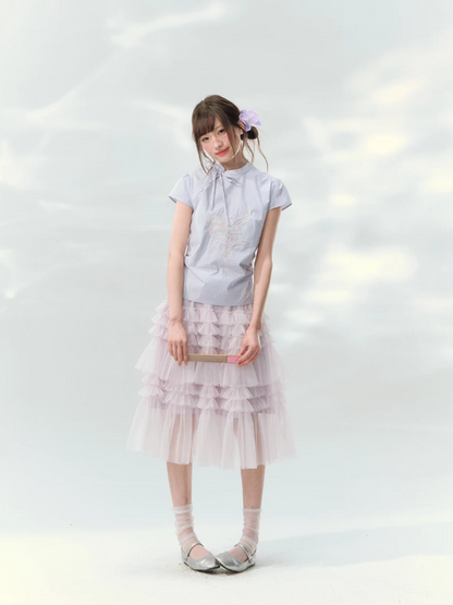 “Lilac Embroidered Whisper” Orchid Purple Mandarin Collar Blouse