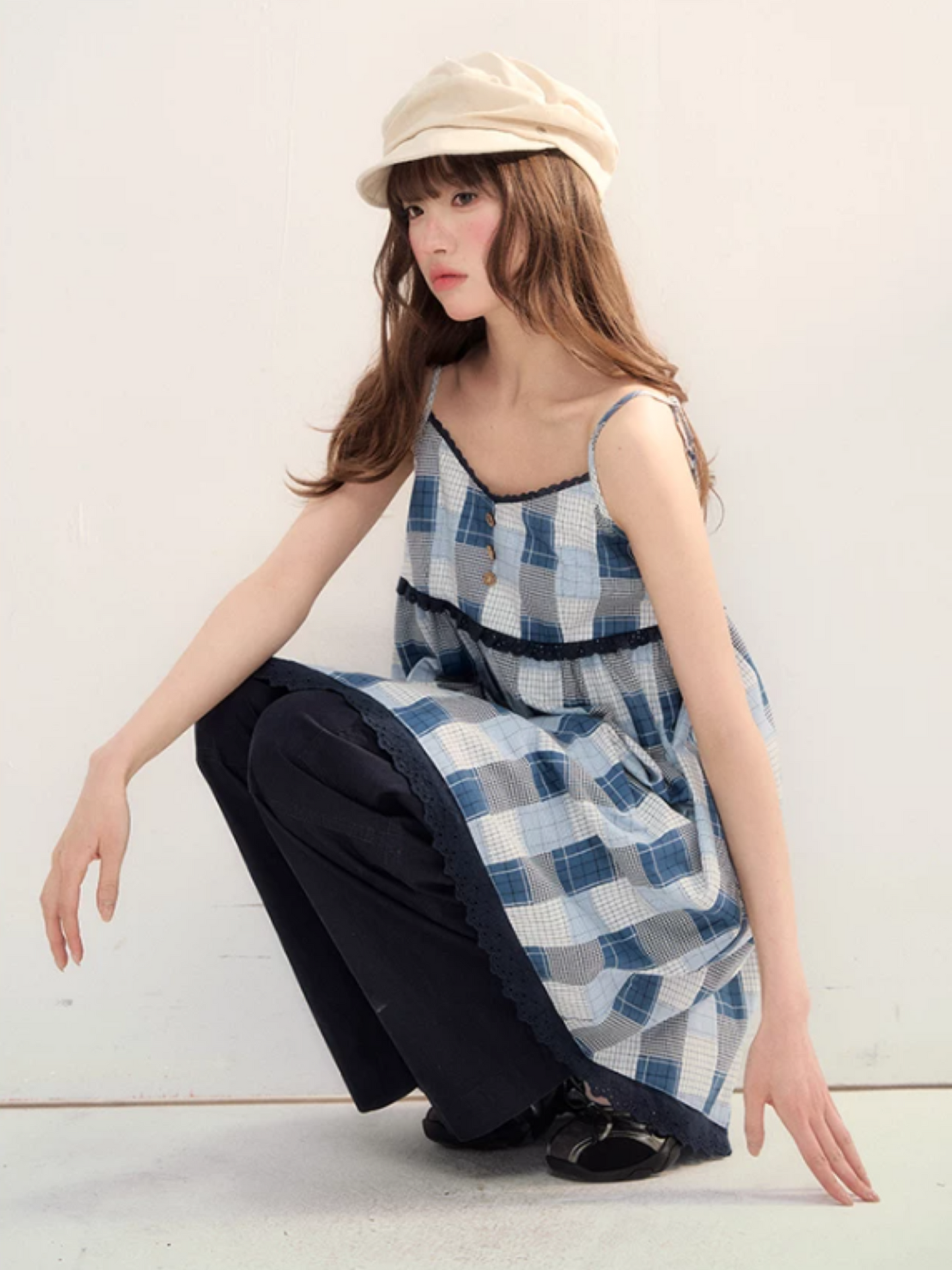 Blue Plaid Lace Trim Dress & Navy Cardigan Set  LL2026078