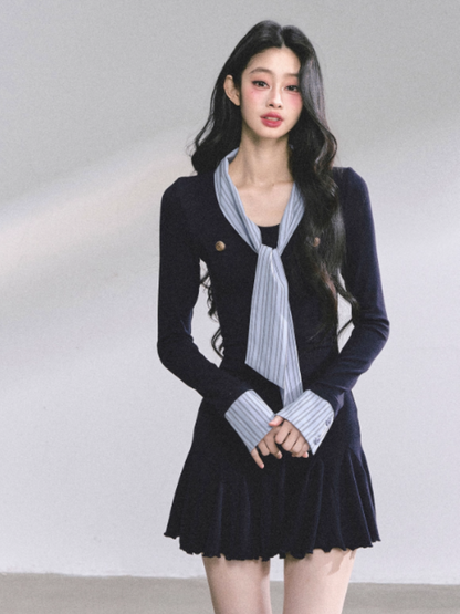 少也眼 Navy Striped Preppy Long Sleeve Bodycon Mini Dress with Tie