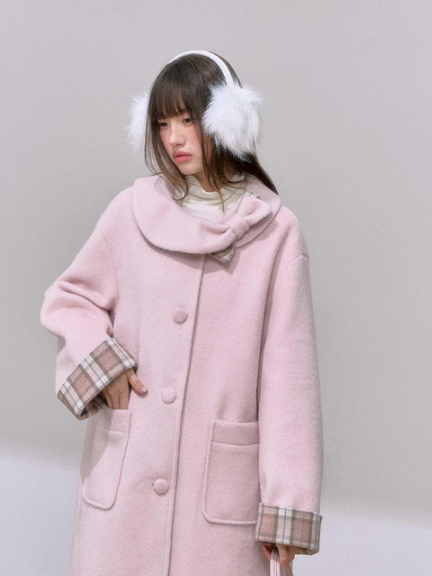 "樱格恋语" Sakura Pink A-Line Wool Coat with Oversized Bow