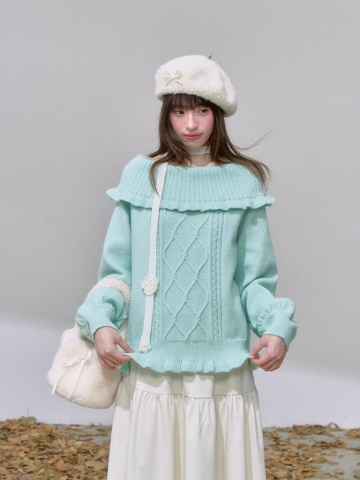 "薄荷云诗" Mint Green Korean Off-Shoulder Cable Knit Sweater