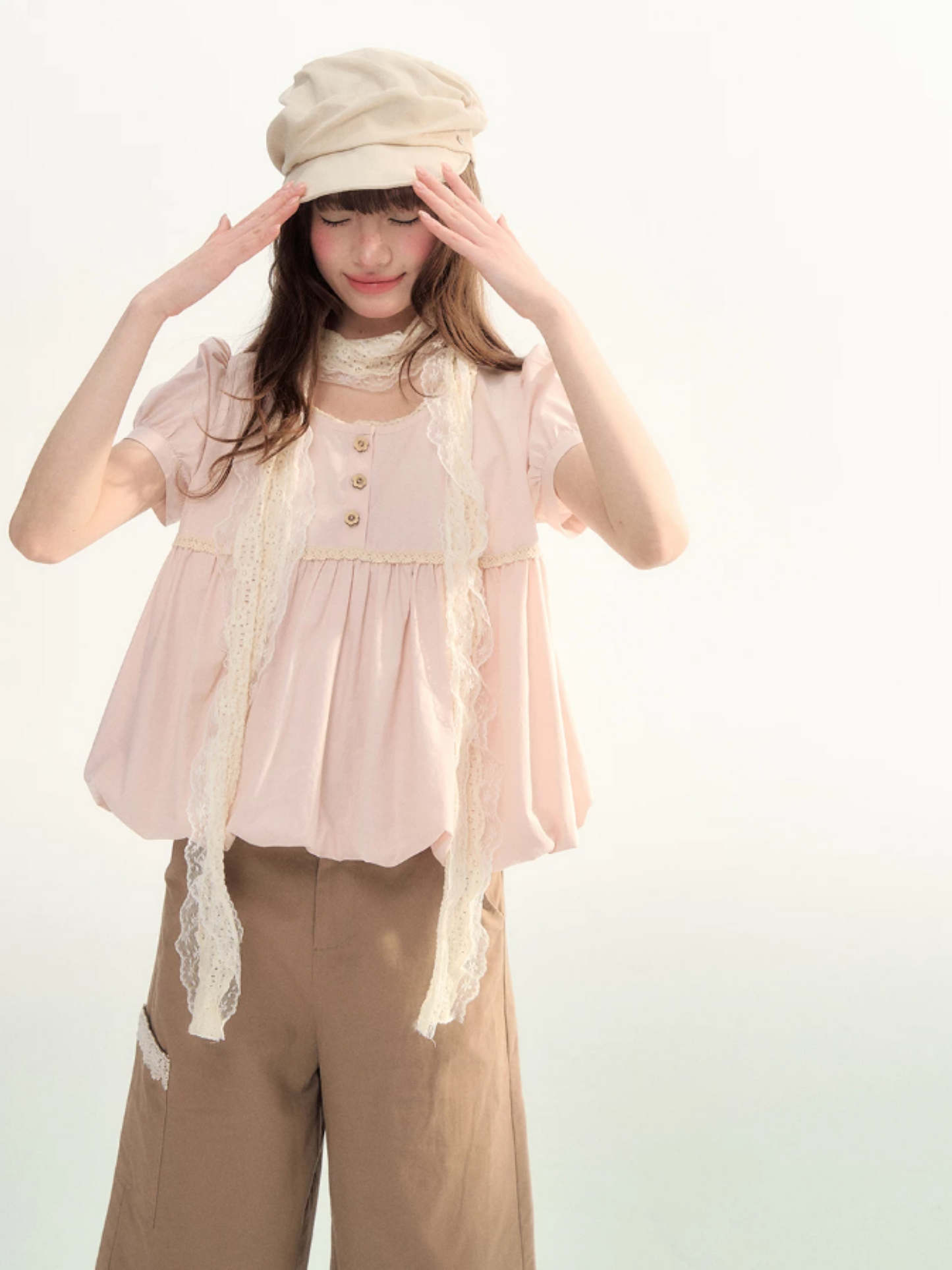 Soft Pink Lace Bubble Hem Blouse WW2026084