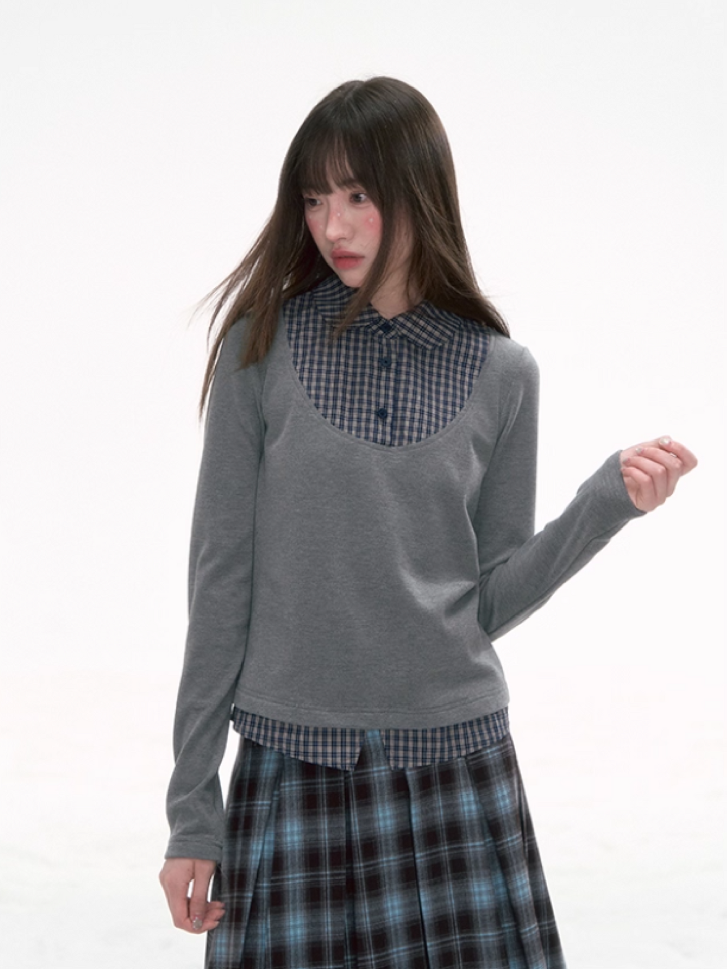 '格间絮语' Vintage Plaid Patchwork Knit Top – Brown/Yellow & Gray/Blue
