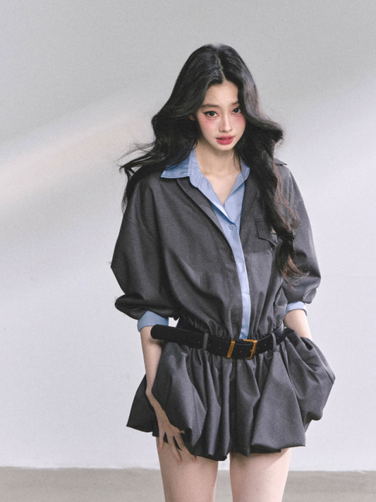 少也眼 Yale Preppy Puff Mini Dress Set with Shorts, Belt & Shawl (Gray)
