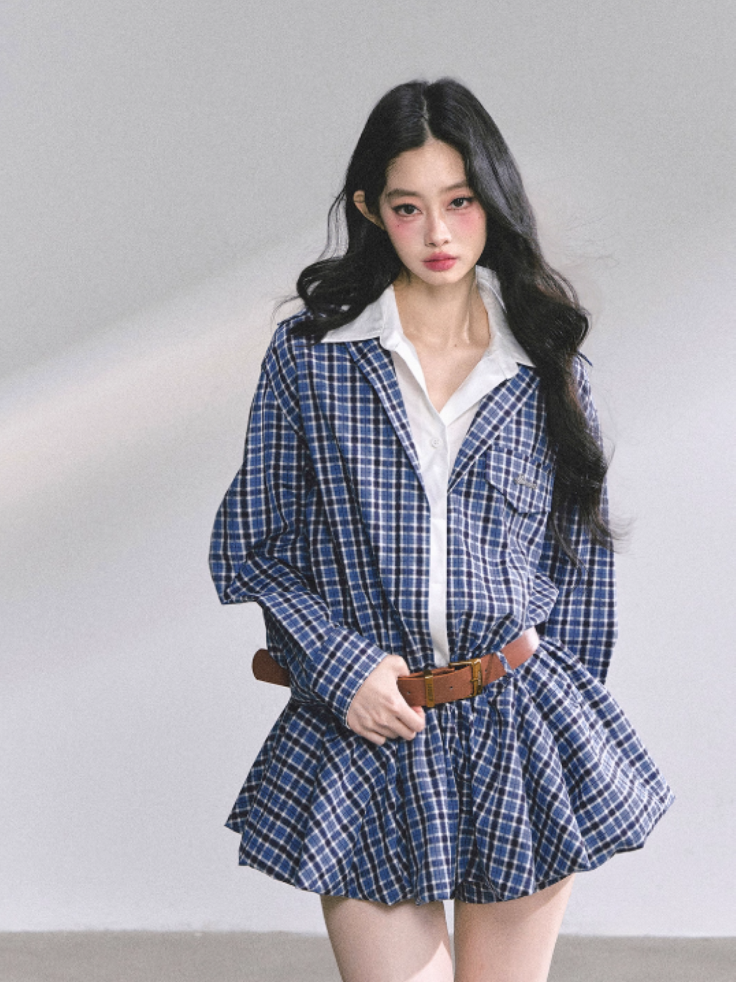 少也眼 Yale Preppy Puff Mini Dress Set with Shorts, Belt & Shawl (Navy)