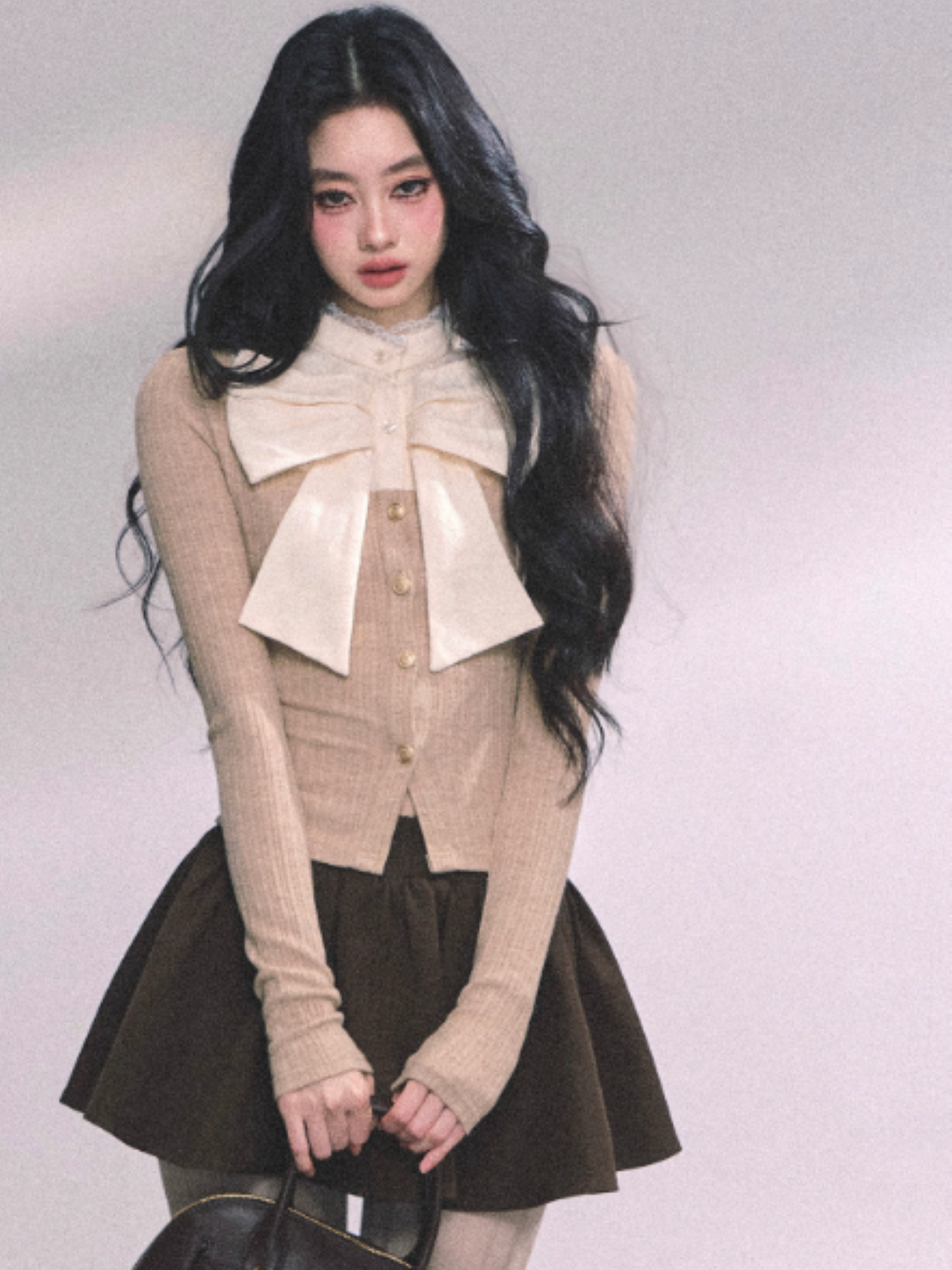 少也眼 French Bow Lace Knit Layered Long Sleeve Top