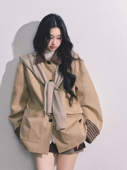 "日暮巴塞尔" British Preppy Polo-Collar Trench Jacket