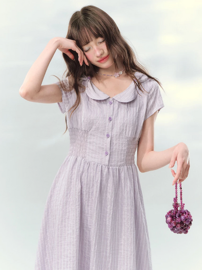 “Lavender Tea Mist” Lilac Stripe Puff Sleeve Dress LL2026137
