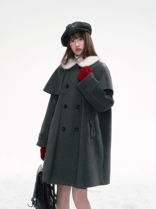 "英伦课表" Dark Gray Wool-Blend Coat with Detachable Cape