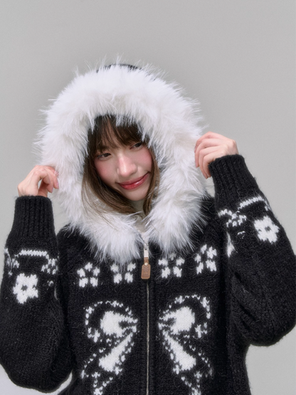 "暗夜花序" Floral Jacquard Knit Hoodie Cardigan – Black Sweet Girl Streetwear with Fur Trim