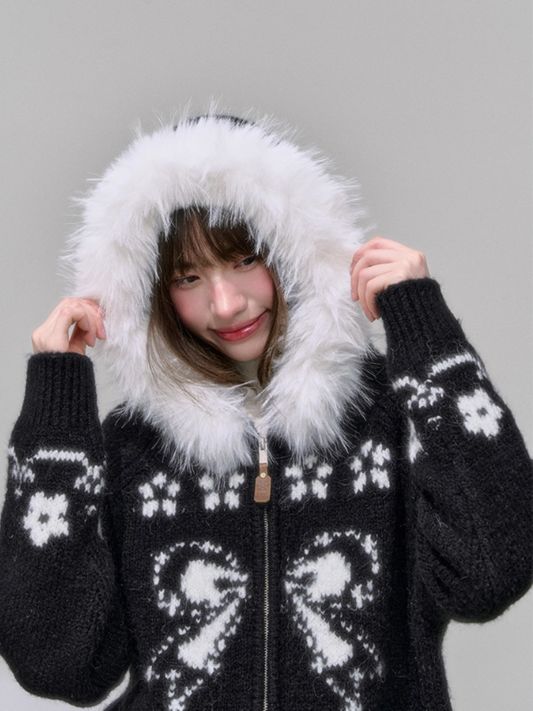 [CAN] Floral Jacquard Knit Hoodie Cardigan – Black Sweet Girl Streetwear with Fur Trim