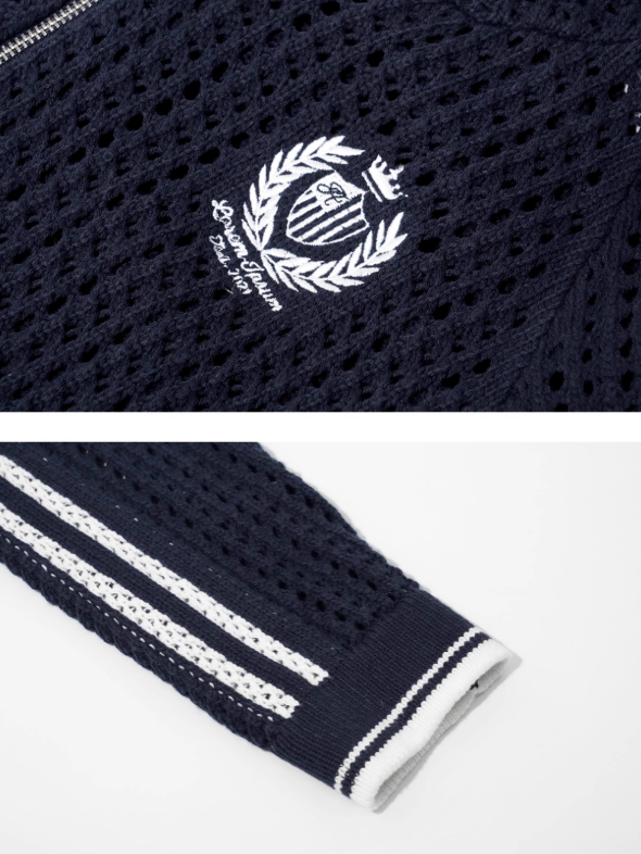 ASGONY - Varsity Crochet Knit Zip-Up Hoodie (Deep Navy)