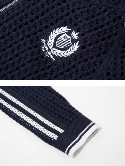 ASGONY - Varsity Crochet Knit Zip-Up Hoodie (Deep Navy)