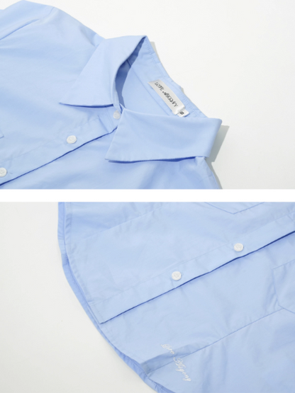 ASGONY - Preppy Embroidered Cropped Shirt (Blue)