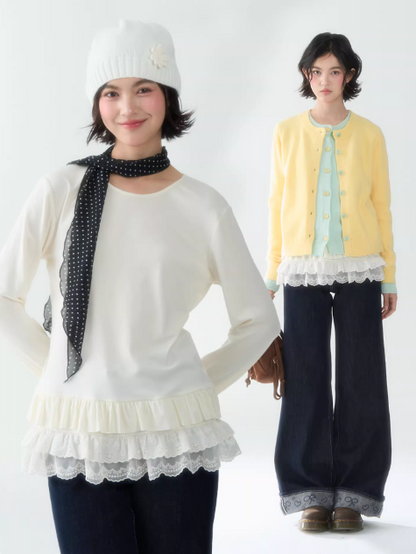 罐头士多所 - Soft Beige Layered Lace Knit Top – Feminine Fall Base Layer