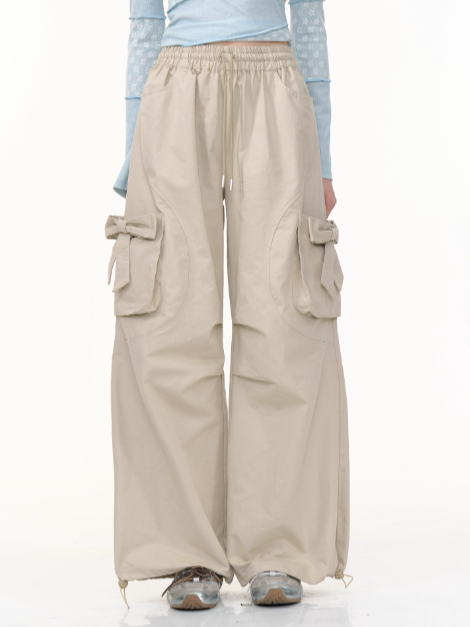 ZiziFei - Khaki Bow Cargo Pants – High Waist Wide Leg Retro Streetwear