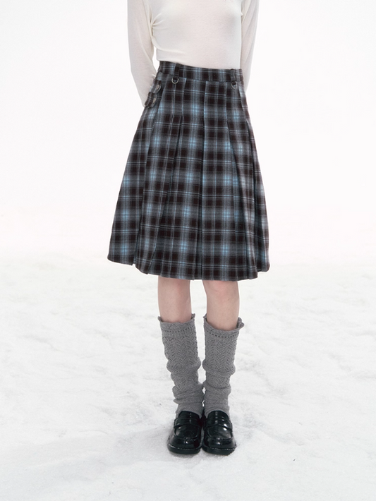 '棕蓝序曲' Blue-Brown Plaid Skirt