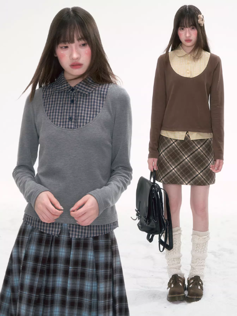 '格间絮语' Vintage Plaid Patchwork Knit Top – Brown/Yellow & Gray/Blue