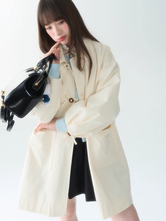 罐头士多所 - Minimal Beige Bow Detail Trench Coat – Puff Sleeve Fall Outerwear