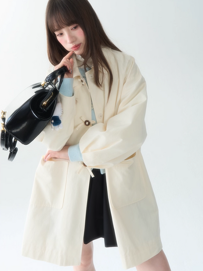 罐头士多所 - Minimal Beige Bow Detail Trench Coat – Puff Sleeve Fall Outerwear