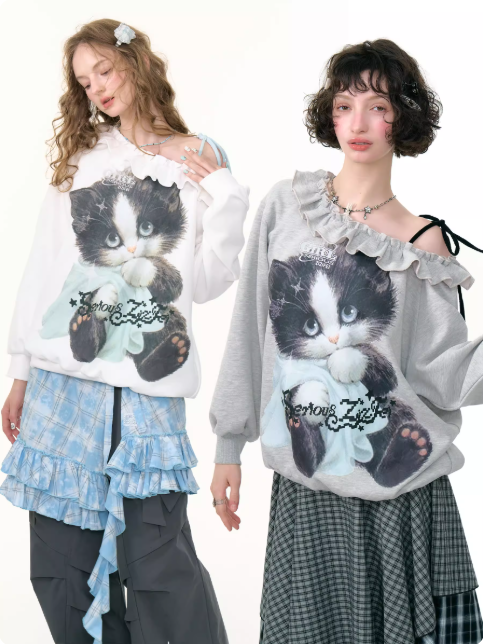 ZiziFei - Retro-Futuristic Cat-Print Off‑Shoulder Sweatshirt