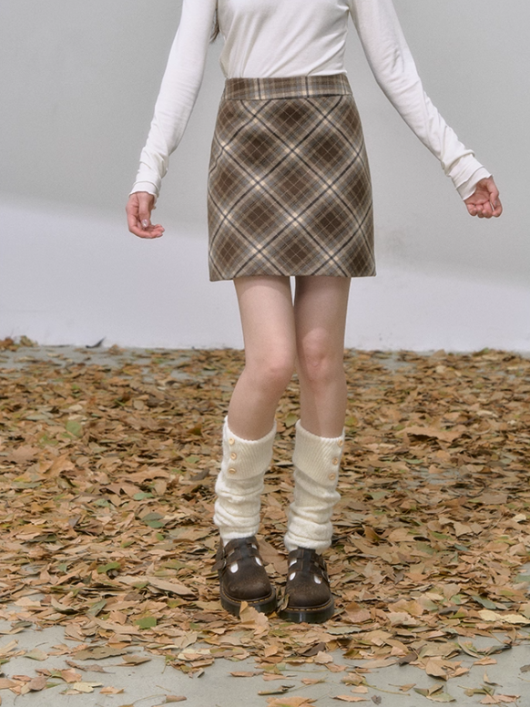 '经纬绘色' Plaid Wool Pencil Skirt