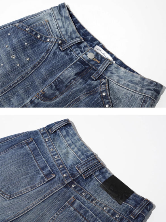ASGONY - Y2K Studded Curved-Cut Wide Leg Jeans