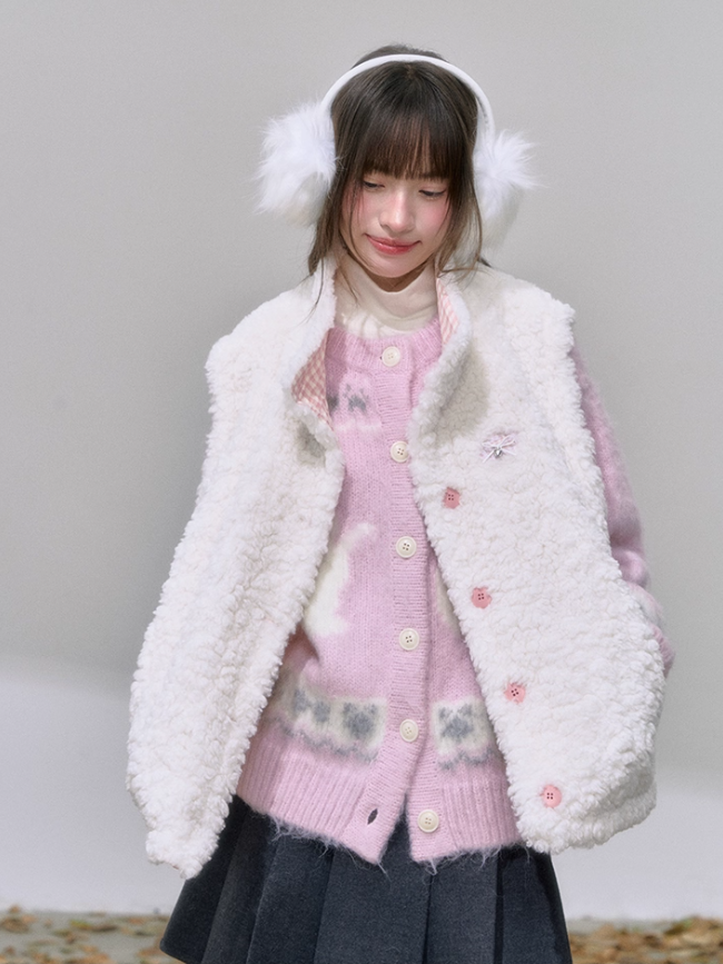 "格调翻转" Reversible Soft Girl Vest – Faux Fur & Pastel Pink Plaid Gilet