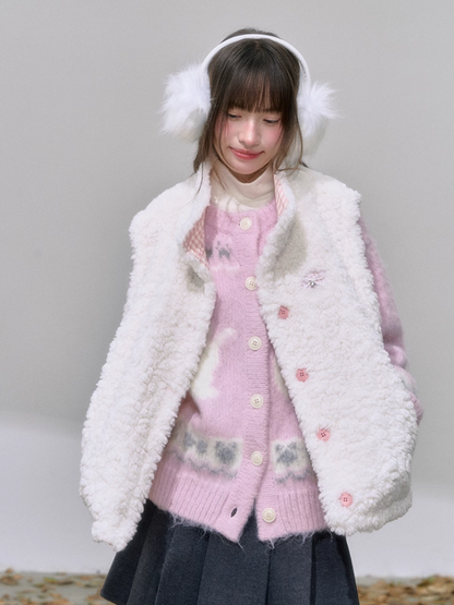 "格调翻转" Reversible Soft Girl Vest – Faux Fur & Pastel Pink Plaid Gilet