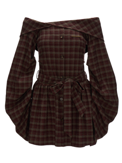 MAMC - Burgundy Grunge Off-Shoulder Plaid Dress