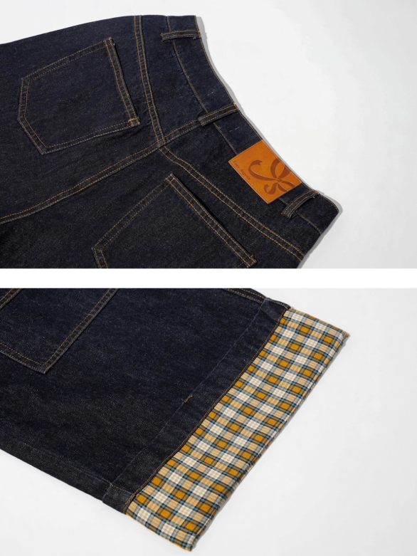 ASGONY - Plaid Cuff Contrast Wide-Leg Raw Denim Jeans (Yellow Plaid)