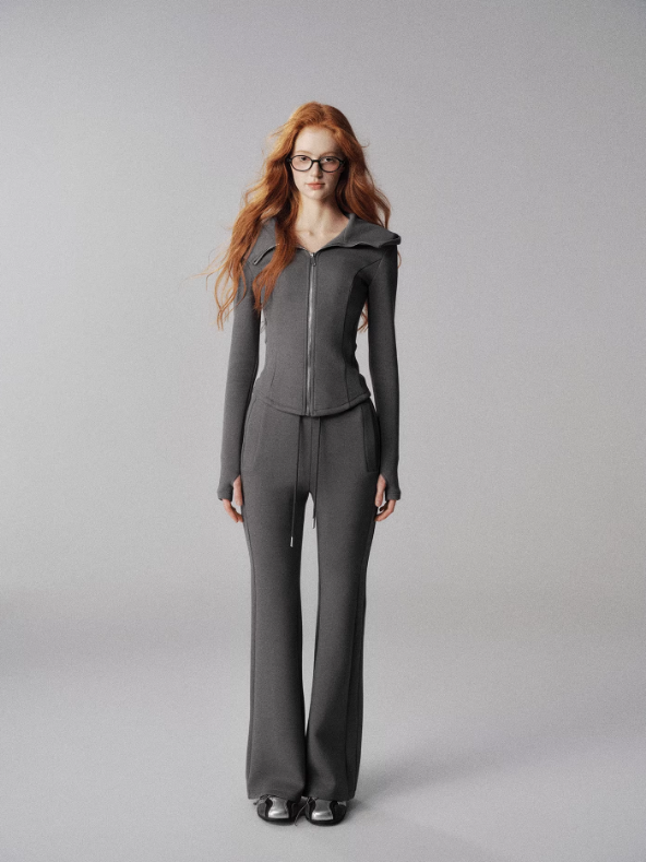 "心动极好" Cat-Ear Cropped Hoodie Two-Piece Set (Soft Gray)