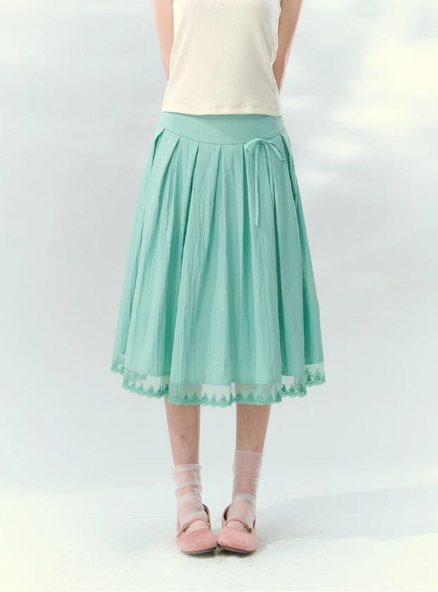 “Mint Waltz” Mint Green Lace Trim Pleated Midi Skirt
