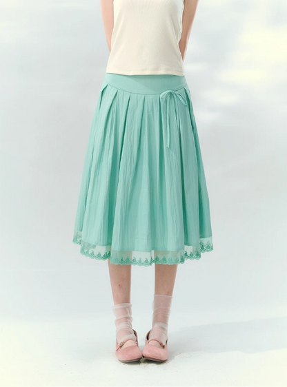 “Mint Waltz” Mint Green Lace Trim Pleated Midi Skirt
