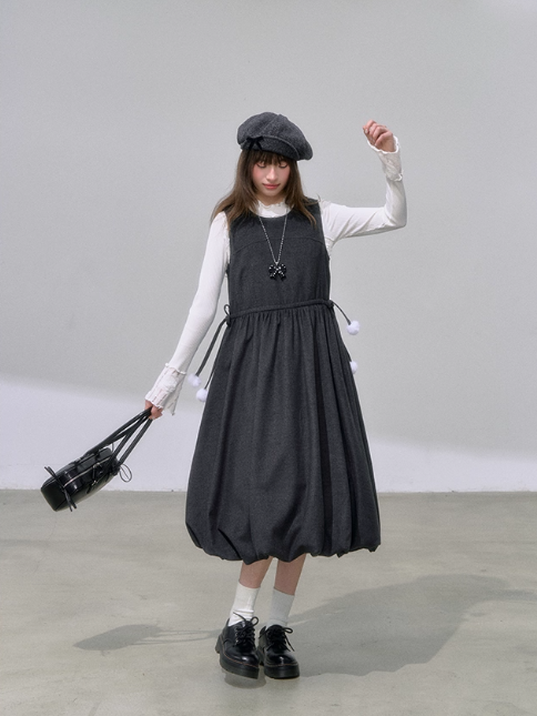 "晨露花苞" Dark Gray Wool Blend Pinafore Dress