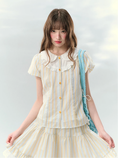 “Spring Lemon Breeze” Milk Blue Striped Shirt & Tiered Mini Skirt Set