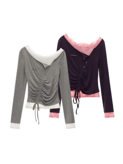 MAMC - Y2K Preppy Lace Trim Ruched Long Sleeve Top (Violet)