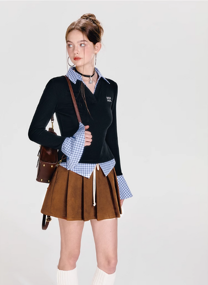 Intellectual Style Plaid Stitching Shirt