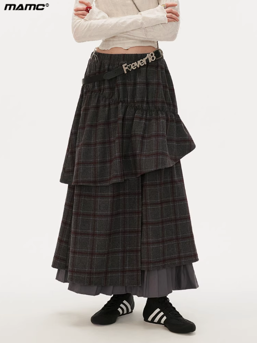 MAMC - Vintage Plaid Faux-Layered Midi Skirt