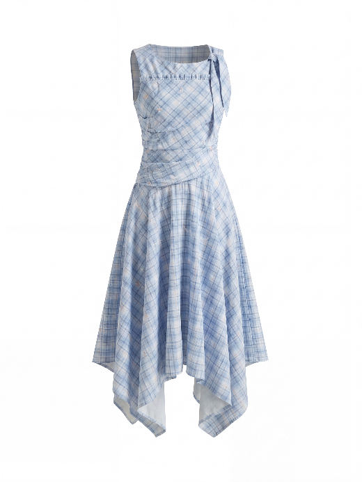 “Blue Meadow Reverie” Blue Plaid Floral Maxi Dress