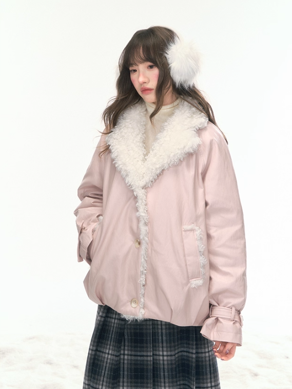 "Fuzzy Signal" Pale Pink PU-Trim 90% Down Jacket LL2025465