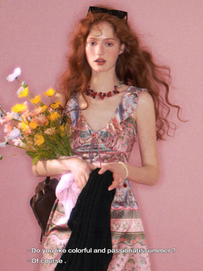 MAMC - Ruffled Floral Stripe Mini Dress – Sweet Pink Waist-Cinched Summer Fit
