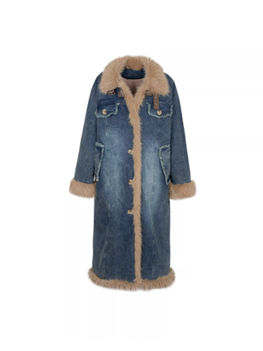 PCH - Long Cotton Coat with Plush and Washed Denim Panels