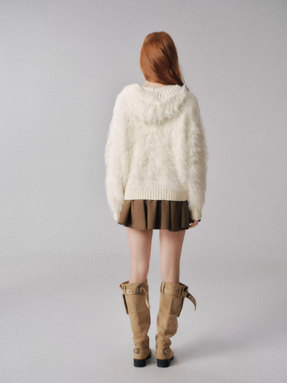 "毛绒雪怪" Beige Faux Fur Pom Knit Hoodie Cardigan