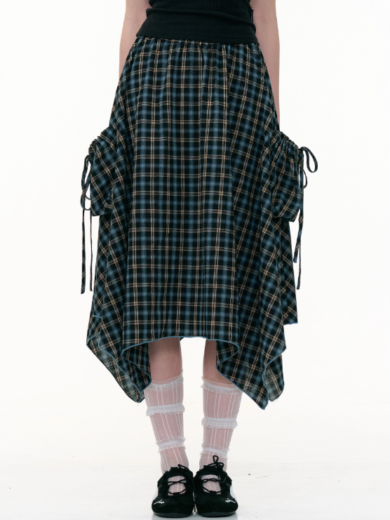 ZiziFei - Asymmetric Blue Plaid Midi Skirt – Vintage High-Waist Drawstring Hem Skirt