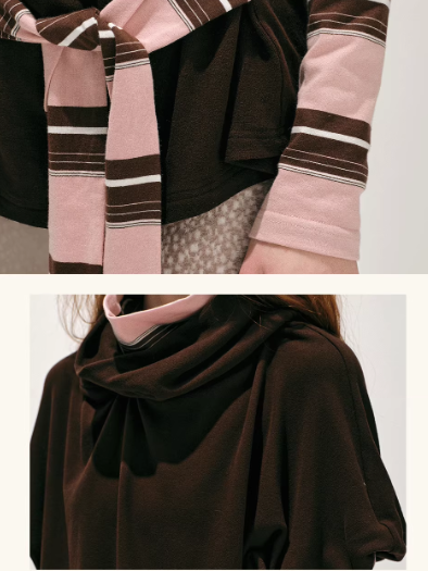 "粉色巧克力" Layered Mock-Neck Knit Top in Pink & Chocolate