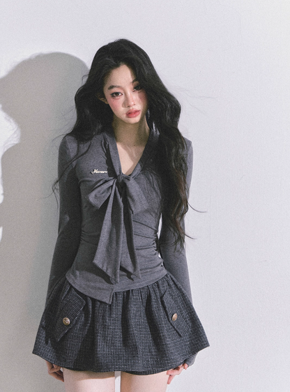 少也眼 Suzy Inspired Minimal Korean V-Neck Slim Fit Long Sleeve Top